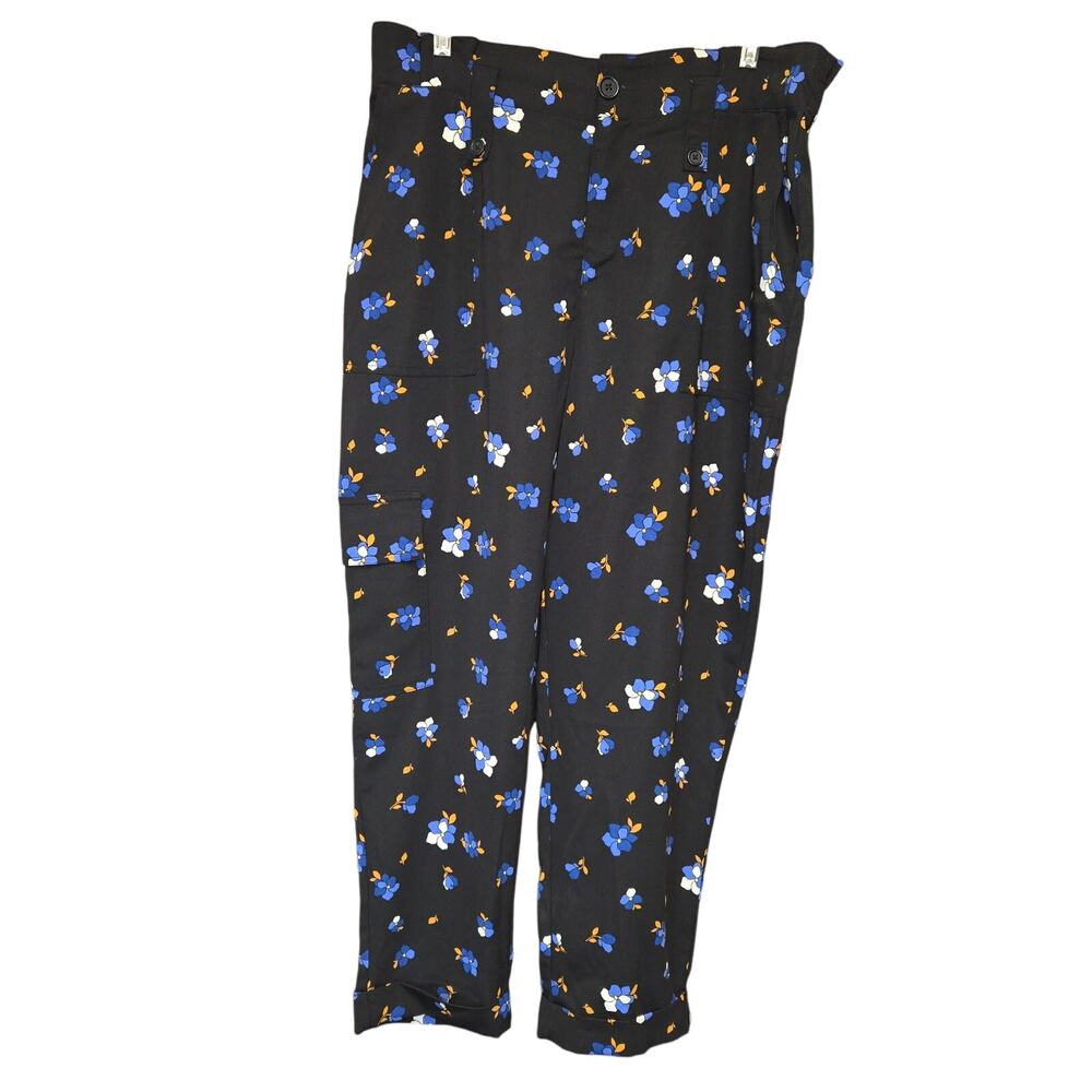 Popsugar Women Large Paper Bag Pants Black High Waist Ankle Floral Cargo Pocket